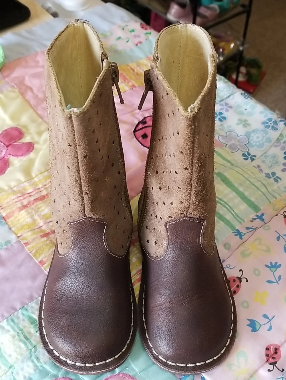 Livie & Luca Brown Leather and Tan Suede Boots With Gold Foil Stars Size 10 Vega